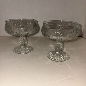 Vtg Pair Heavy Stemmed  Pressed Glass Berries & Leaves Sherbet Dishes France